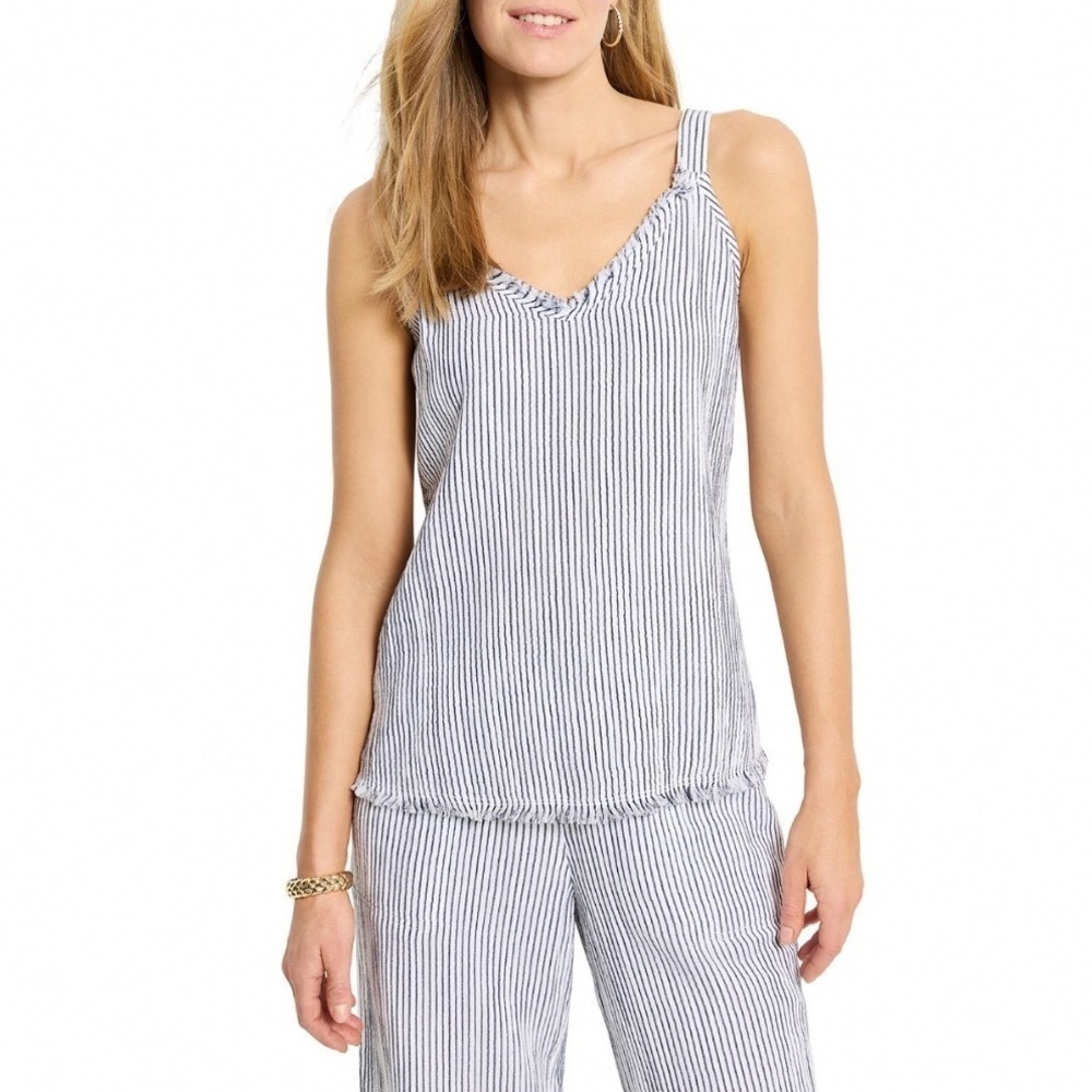 NIC+ZOE Pin Stripe Gauze Tank Top Indigo Multi V-Neck Fringe M251603 Medium